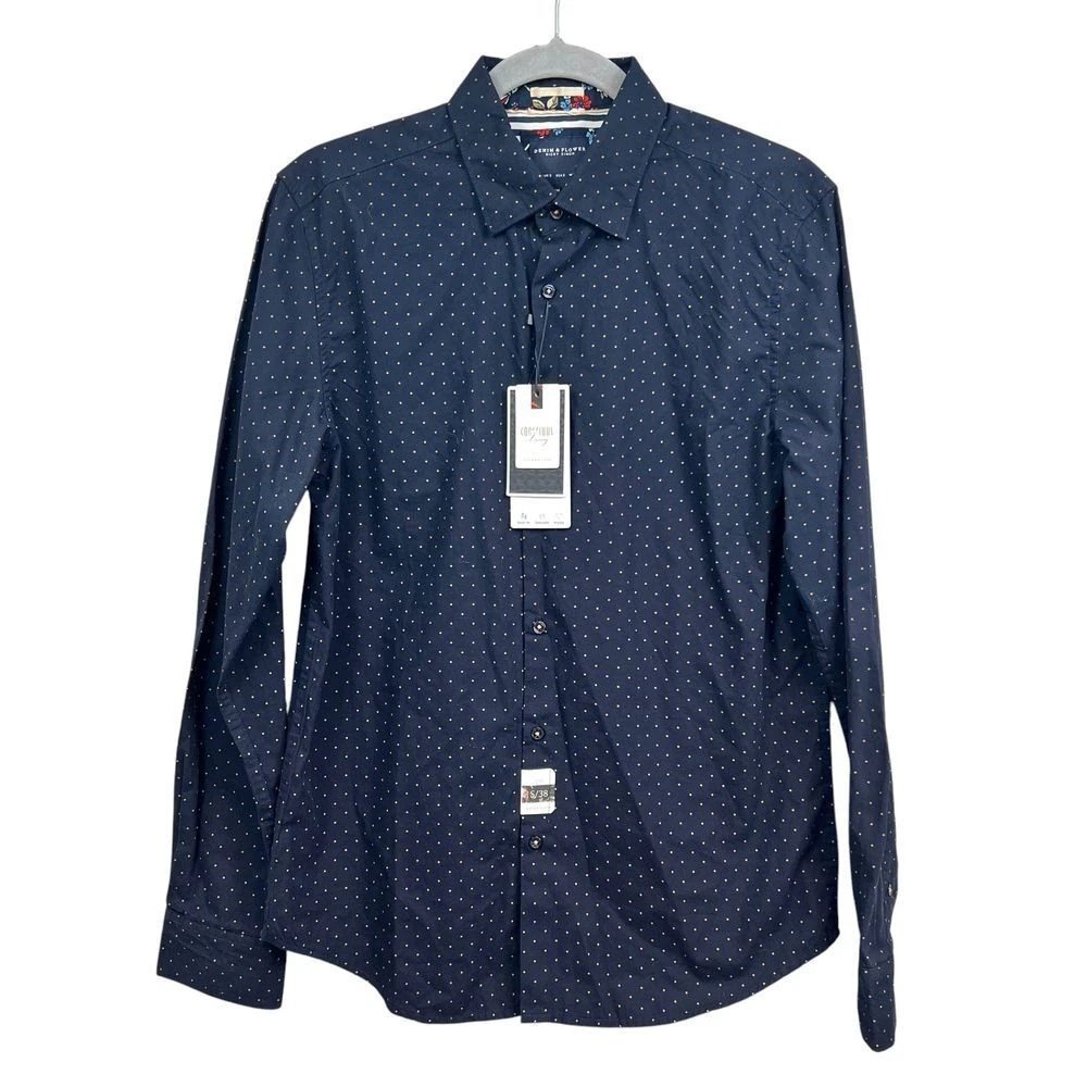 Denim & Flower Mens Button Up Shirt Navy Polka Dot Long Sleeve Size S/38*